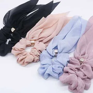 DINPREY Scarf Hair Ties for Women Girls, 8 Pcs Double Layer Bow Scrunchies for Hair Cute Bunny Ear Bow Scrunchies with Assorted Colors