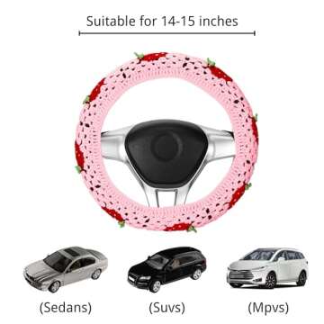 Crochet Steering Wheel Cover Set,Cute Car Steering Wheel Cover Boho 14-15in,Pink Strawberry Granny S...