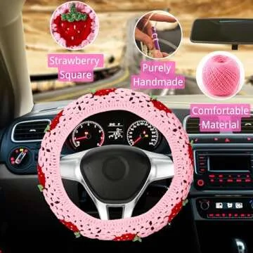 Crochet Steering Wheel Cover Set,Cute Car Steering Wheel Cover Boho 14-15in,Pink Strawberry Granny Square Pattern,Hippie Women Car Accessories (A Wheel Cover)