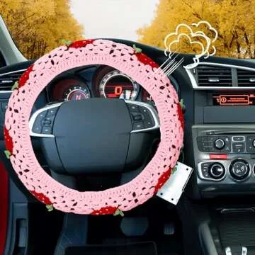 Crochet Steering Wheel Cover Set,Cute Car Steering Wheel Cover Boho 14-15in,Pink Strawberry Granny Square Pattern,Hippie Women Car Accessories (A Wheel Cover)