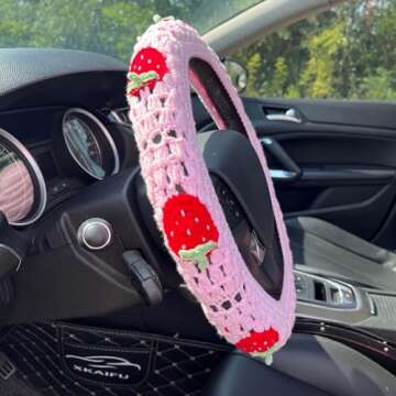 Crochet Steering Wheel Cover Set,Cute Car Steering Wheel Cover Boho 14-15in,Pink Strawberry Granny Square Pattern,Hippie Women Car Accessories (A Wheel Cover)