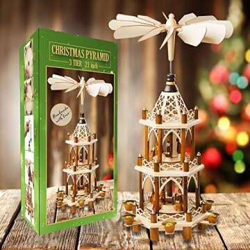 German Christmas Decoration Pyramid - 21 Inches - Wood Nativity Scene Set - Under The Christmas Tree and Table Top Holiday Decor - Nativity Play 3 Tiers Carousel with 6 Candle Holders - German Design