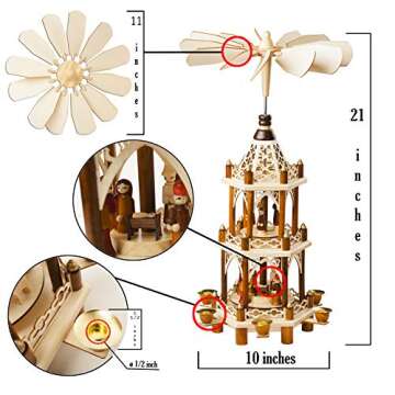German Christmas Decoration Pyramid - 21 Inches - Wood Nativity Scene Set - Under The Christmas Tree and Table Top Holiday Decor - Nativity Play 3 Tiers Carousel with 6 Candle Holders - German Design