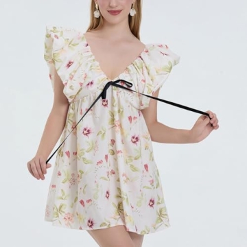Sastianaen Women Y2k Floral Print Mini Dress Boho V Neck Puff Sleeve Short Dress Bow Tie Flowy Dress Beach Sundress