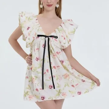 Sastianaen Women Y2k Floral Print Mini Dress Boho V Neck Puff Sleeve Short Dress Bow Tie Flowy Dress Beach Sundress