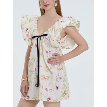 Sastianaen Women Y2k Floral Print Mini Dress Boho V Neck Puff Sleeve Short Dress Bow Tie Flowy Dress Beach Sundress
