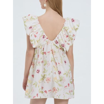 Sastianaen Women Y2k Floral Print Mini Dress Boho V Neck Puff Sleeve Short Dress Bow Tie Flowy Dress Beach Sundress