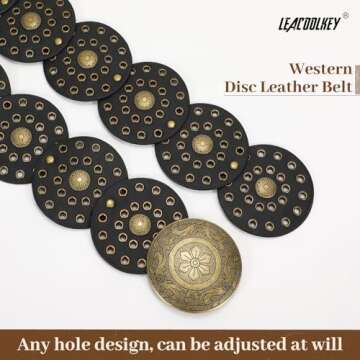 LEACOOLKEY Women's Boho Disc Belt Wide Western Leather Belt Vintage Concho Waist Belt for Dress Jeans