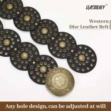 LEACOOLKEY Women's Boho Disc Belt Wide Western Leather Belt Vintage Concho Waist Belt for Dress Jeans