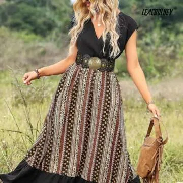 LEACOOLKEY Women's Boho Disc Belt Wide Western Leather Belt Vintage Concho Waist Belt for Dress Jeans