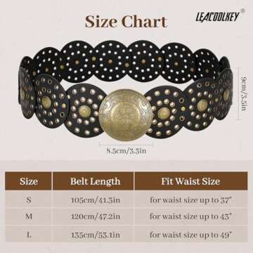 LEACOOLKEY Women's Boho Disc Belt Wide Western Leather Belt Vintage Concho Waist Belt for Dress Jeans