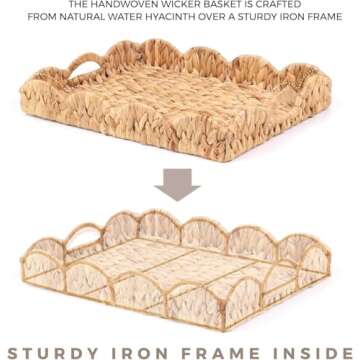 LASIDO Water Hyacinth Handwoven Seagrass Tray with Scalloped Edge and Handles (17x13x3in) Rectangular Handwoven Trays, Water Hyacinth Basket for with Built-in Handles (Rectangular - 1 PCS)