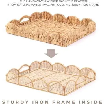 LASIDO Water Hyacinth Handwoven Seagrass Tray with Scalloped Edge and Handles (17x13x3in) Rectangular Handwoven Trays, Water Hyacinth Basket for with Built-in Handles (Rectangular - 1 PCS)