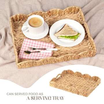 LASIDO Water Hyacinth Handwoven Seagrass Tray with Scalloped Edge and Handles (17x13x3in) Rectangular Handwoven Trays, Water Hyacinth Basket for with Built-in Handles (Rectangular - 1 PCS)