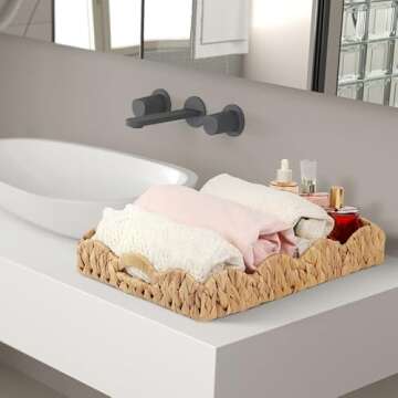 LASIDO Water Hyacinth Handwoven Seagrass Tray with Scalloped Edge and Handles (17x13x3in) Rectangular Handwoven Trays, Water Hyacinth Basket for with Built-in Handles (Rectangular - 1 PCS)