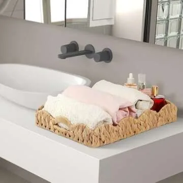 LASIDO Water Hyacinth Handwoven Seagrass Tray with Scalloped Edge and Handles (17x13x3in) Rectangular Handwoven Trays, Water Hyacinth Basket for with Built-in Handles (Rectangular - 1 PCS)