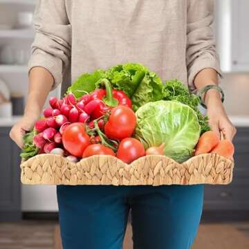 LASIDO Water Hyacinth Handwoven Seagrass Tray with Scalloped Edge and Handles (17x13x3in) Rectangular Handwoven Trays, Water Hyacinth Basket for with Built-in Handles (Rectangular - 1 PCS)