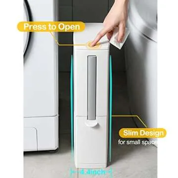 COMODID Slim Bathroom Trash Can with pop-up Lid, 3 in1 Trash can with Brush&Holder,for RV, 5 Liter Garbage Can with Press Top Lid, White Rectangular Modern Waste Can for Bathroom, Ivory.