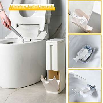 COMODID Slim Bathroom Trash Can with pop-up Lid, 3 in1 Trash can with Brush&Holder,for RV, 5 Liter Garbage Can with Press Top Lid, White Rectangular Modern Waste Can for Bathroom, Ivory.