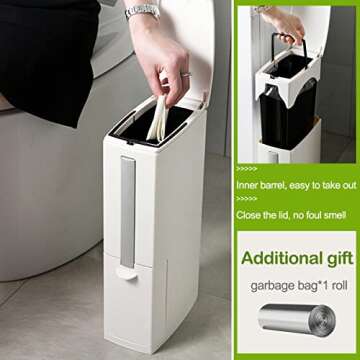 COMODID Slim Bathroom Trash Can with pop-up Lid, 3 in1 Trash can with Brush&Holder,for RV, 5 Liter Garbage Can with Press Top Lid, White Rectangular Modern Waste Can for Bathroom, Ivory.