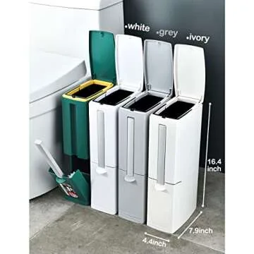 COMODID Slim Bathroom Trash Can with pop-up Lid, 3 in1 Trash can with Brush&Holder,for RV, 5 Liter Garbage Can with Press Top Lid, White Rectangular Modern Waste Can for Bathroom, Ivory.