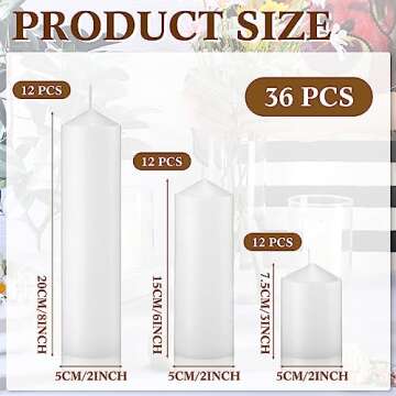 MTLEE 36 Pcs Pillar Candles Bulk Set of 3 Long Burning Wax Pillar Candles 2 in x 3, 6, 8 Inch Driple...