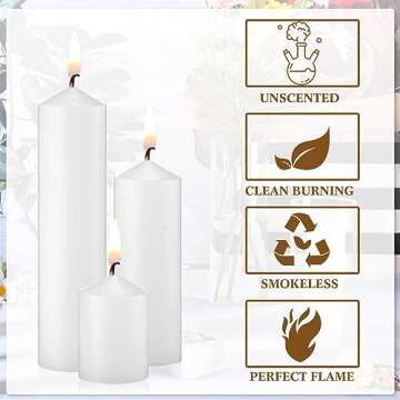 MTLEE 36 Pcs Pillar Candles Bulk Set of 3 Long Burning Wax Pillar Candles 2 in x 3, 6, 8 Inch Dripless Unscented Smokeless for Wedding Party Spa Lantern Fireplace Home(White)