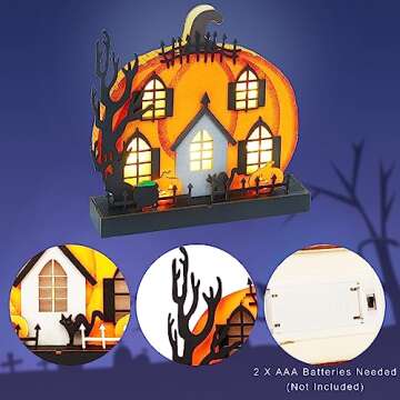 Lulu Home Halloween Tabletop Decoration, Wooden Lighted Pumpkin House Decoration Ornaments, Battery Operated Halloween Sign Indoor Fireplace Desk Kitchen Table Ornament, 9 x 9 x 2.1 INCH