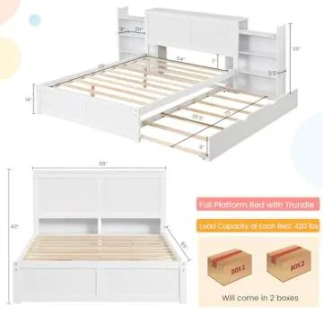 Giantex Full Size Bed Frame with Twin Trundle, Wooden Storage Platform Bed with 2 Rolling Bookcases ...