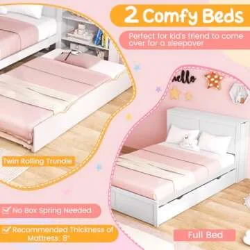 Giantex Full Size Bed Frame with Twin Trundle, Wooden Storage Platform Bed with 2 Rolling Bookcases & Headboard, Full Bed Frames for Kids, No Box Spring Needed, White