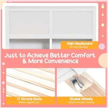 Giantex Full Size Bed Frame with Twin Trundle, Wooden Storage Platform Bed with 2 Rolling Bookcases & Headboard, Full Bed Frames for Kids, No Box Spring Needed, White