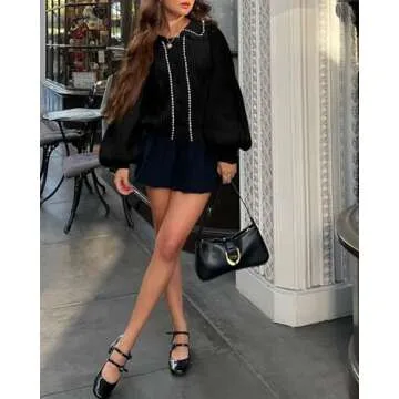 Saodimallsu Womens Puff Sleeve Cardigans 2024 Fall Babydoll Collared Button Loose Ribbed Knit Color Block Sweater Coats Black