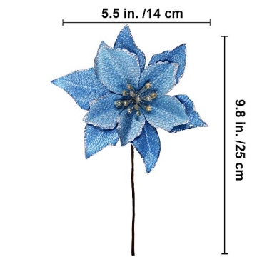 Blue Glitter Poinsettia Picks Set for Christmas Decorating