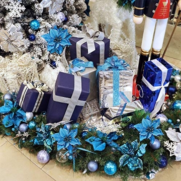 Blue Glitter Poinsettia Picks Set for Christmas Decorating