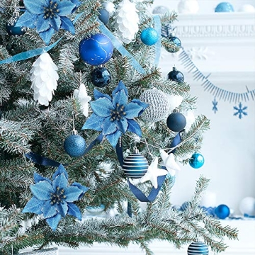 Blue Glitter Poinsettia Picks Set for Christmas Decorating