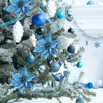 Blue Glitter Poinsettia Picks Set for Christmas Decorating