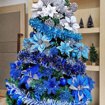 Blue Glitter Poinsettia Picks Set for Christmas Decorating