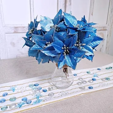 Blue Glitter Poinsettia Picks Set for Christmas Decorating