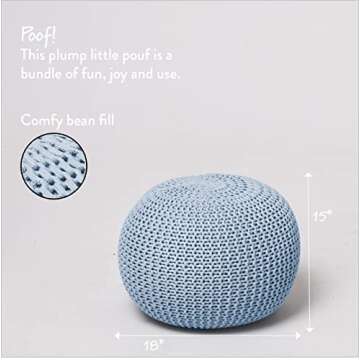 Urban Lifestyle Round Knit Pouf - Hand Woven Cotton, Light Blue