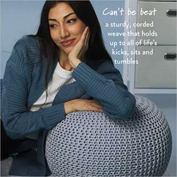 Urban Lifestyle Round Knit Pouf - Hand Woven Cotton, Light Blue