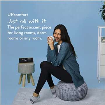 Urban Lifestyle Round Knit Pouf - Hand Woven Cotton, Light Blue