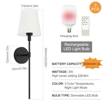 Aipsun Battery Operated Wall Sconce Set of 2, Rechargeable Wall Lights Black Indoor Dimmable Wireless Wall Sconce with Remote 3 Color Temperatures (Bulbs Included)