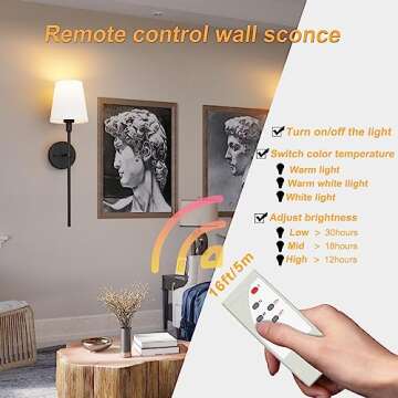 Aipsun Battery Operated Wall Sconce Set of 2, Rechargeable Wall Lights Black Indoor Dimmable Wireless Wall Sconce with Remote 3 Color Temperatures (Bulbs Included)