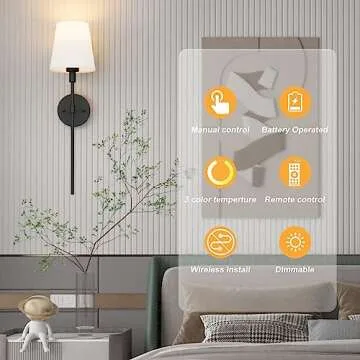 Aipsun Battery Operated Wall Sconce Set of 2, Rechargeable Wall Lights Black Indoor Dimmable Wireless Wall Sconce with Remote 3 Color Temperatures (Bulbs Included)