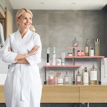 ZHWS Bathroom Counter Organizer Corner Shelf – Bathroom Organization Bamboo 3 Tier Spice Rack Makeup Organizer Bookshelf Space Saving Rack Kitchen Office Living Room (Pink)