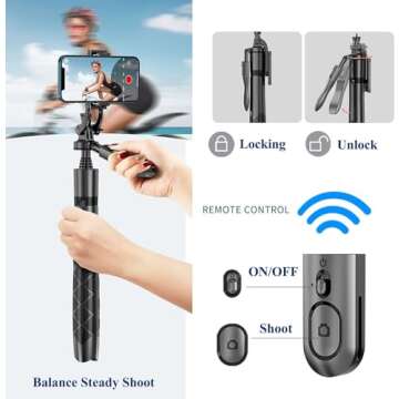 Bodur Selfie Stick Tripod with Remote - 360° Rotation Phone Stand with Wireless Remote Control, Travel-Friendly Phone Tripod with Mini Lights, Ideal for iPhone and Android Photography Essentials