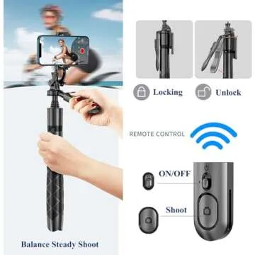 Bodur Selfie Stick Tripod with Remote - 360° Rotation Phone Stand with Wireless Remote Control, Travel-Friendly Phone Tripod with Mini Lights, Ideal for iPhone and Android Photography Essentials