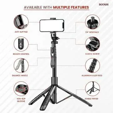 Bodur Selfie Stick Tripod with Remote - 360° Rotation Phone Stand with Wireless Remote Control, Travel-Friendly Phone Tripod with Mini Lights, Ideal for iPhone and Android Photography Essentials