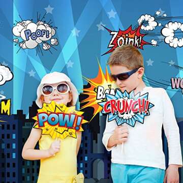 Superheroes Theme Party Photography Backdrop with Prop, Flag & Mask. Super Hero Cityscape Photo Boot...