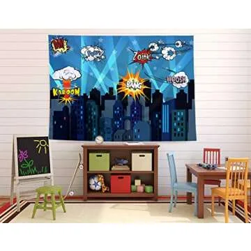 Superheroes Theme Party Photography Backdrop with Prop, Flag & Mask. Super Hero Cityscape Photo Booth Background for Kids Party, Birthday Wall Decorations